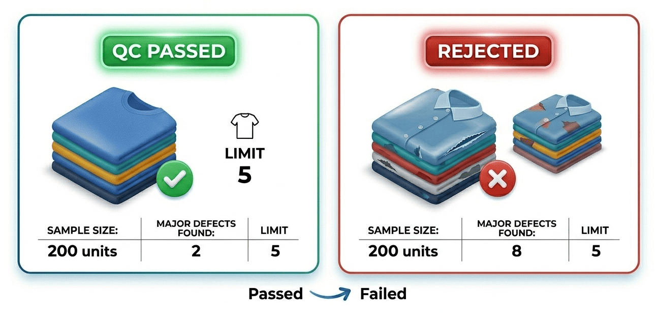 AQL inspection stage showing pass and fail criteria for garment quality control based on sample size and defect limits