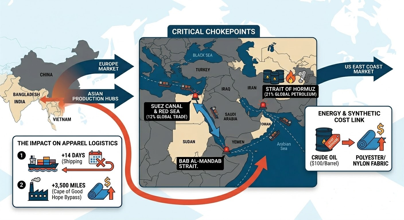 Middle East chokepoints and rerouting impacts on apparel supply chains, logistics, and textile production costs.