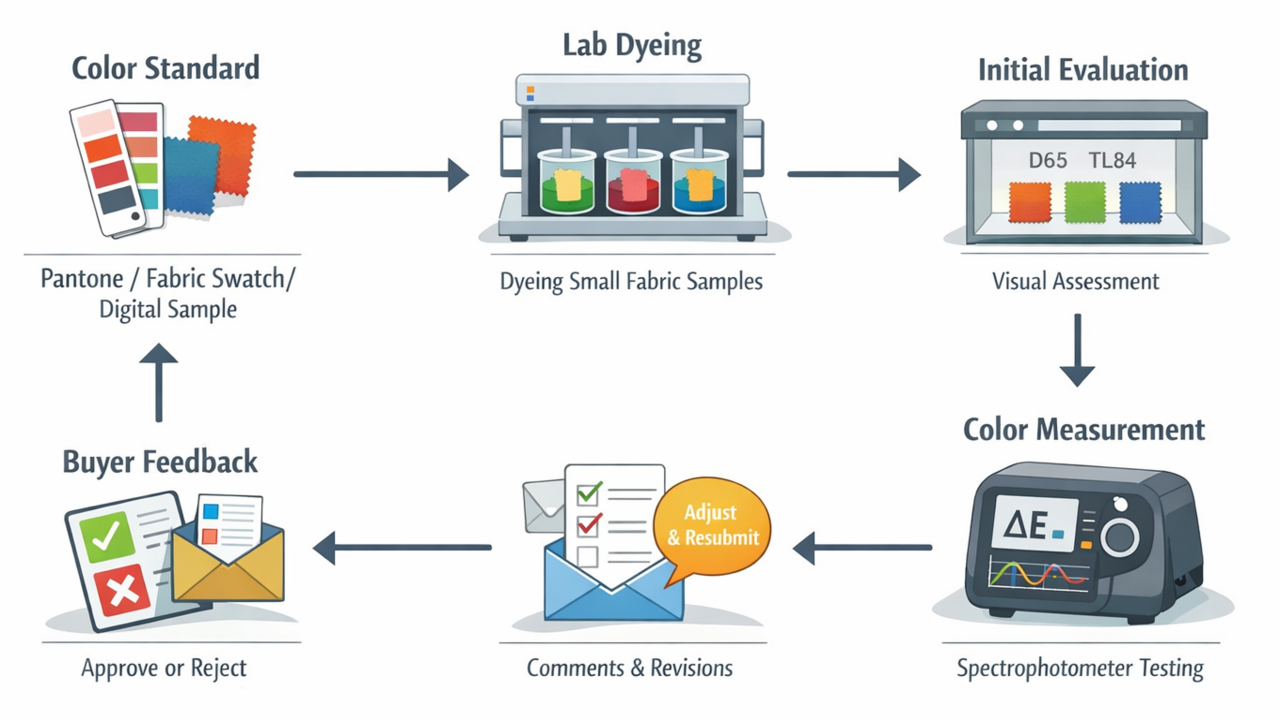 Fabric lab dip workflow showing color standards, lab dyeing, visual checks, spectrophotometer testing, and buyer approval loop