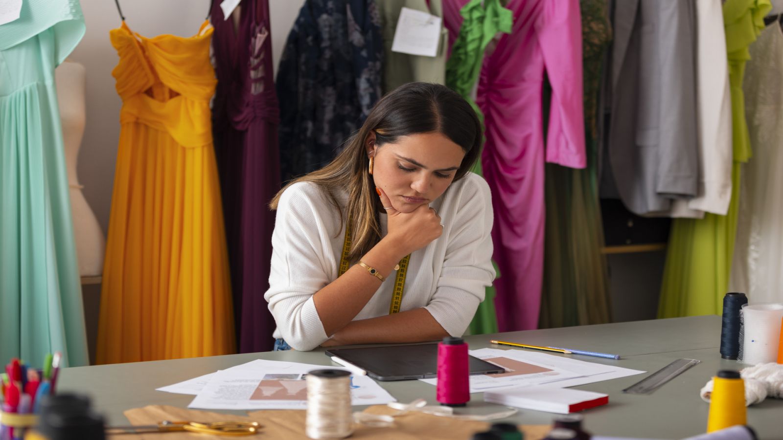 textile management person inspecting list of quality issues and thinking of possible solutions