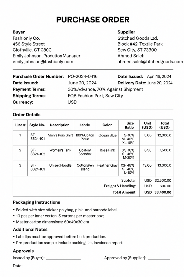 Purchase order sheet showing item details, quantities, prices, and supplier information