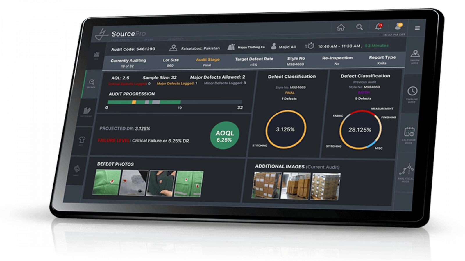 QUONDA digital apparel quality management dashboard with real-time inspection data, defect classification, and AQL audit progression