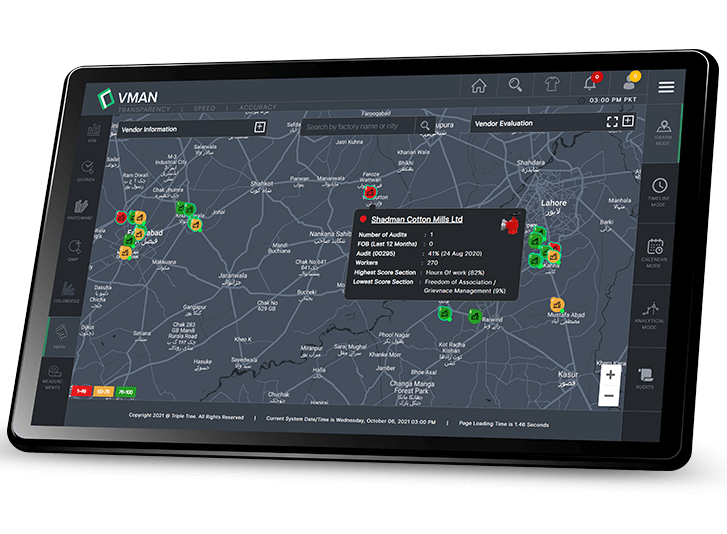 VMAN dashboard showing vendor locations on a map with real-time ratings, risk indicators, and performance insights for supply chain visibility
